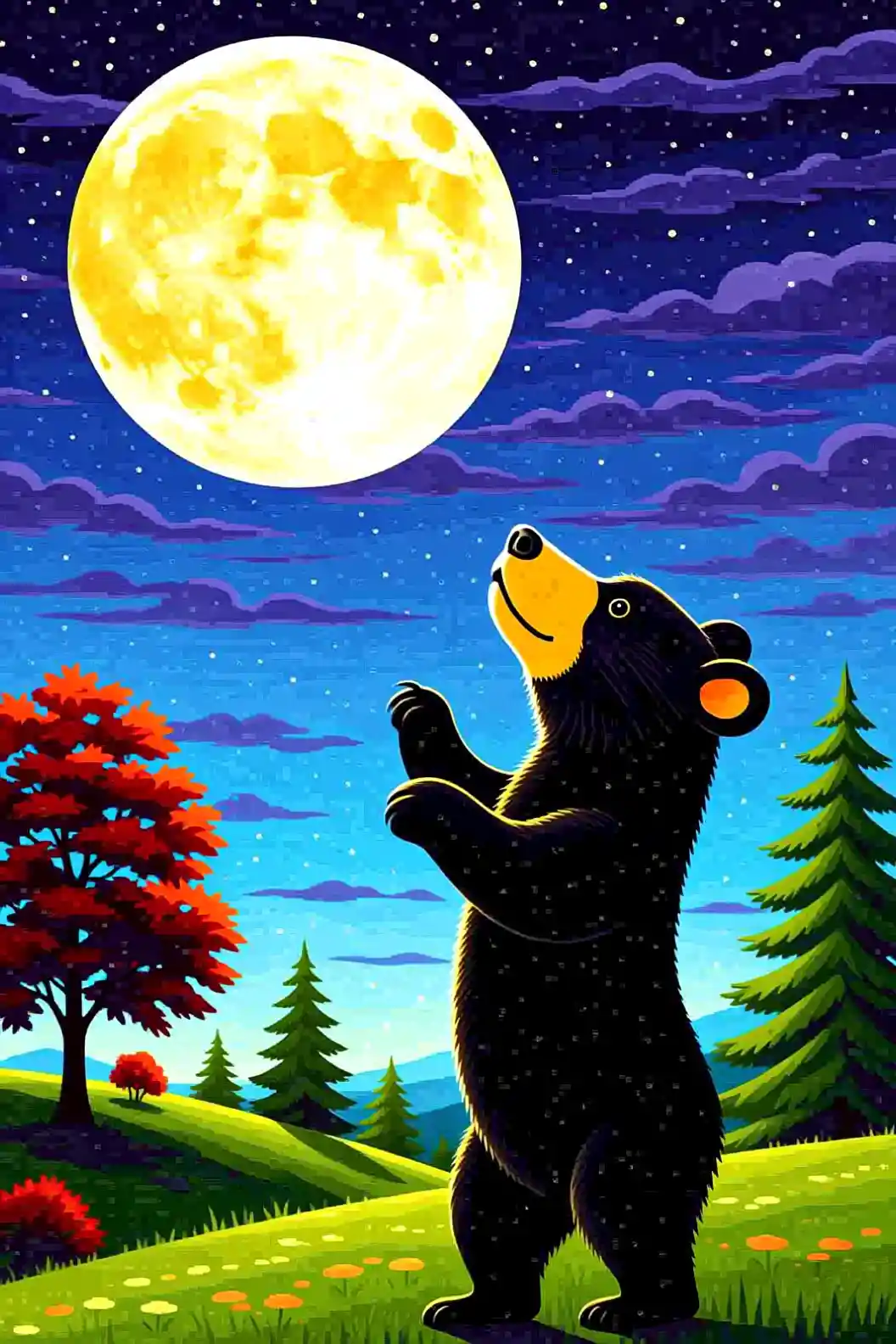 Black bear watching a glowing full moon in a forest