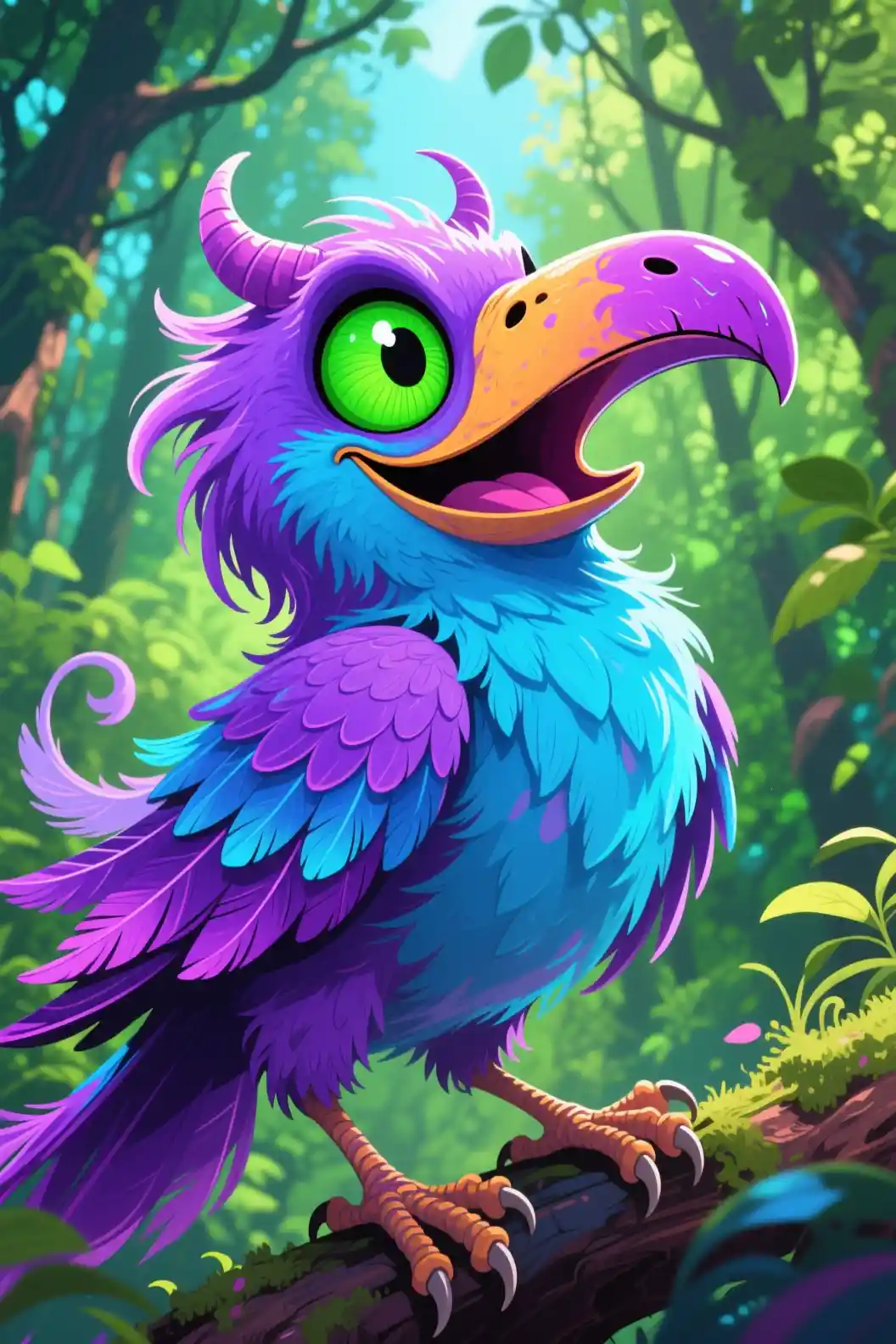 Playful monster bird with giant green eyes in forest