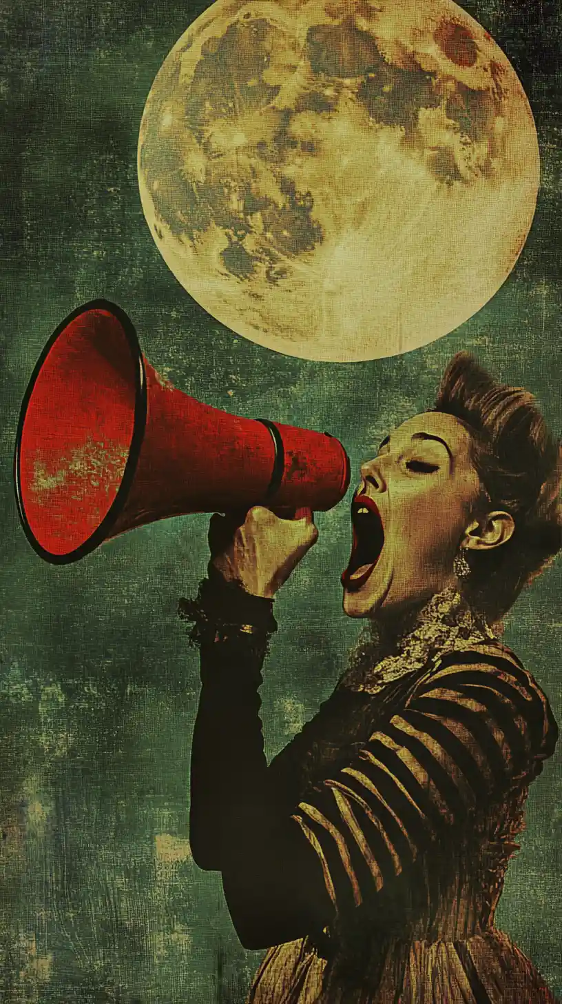 Woman shouting into a megaphone on a noisy night street