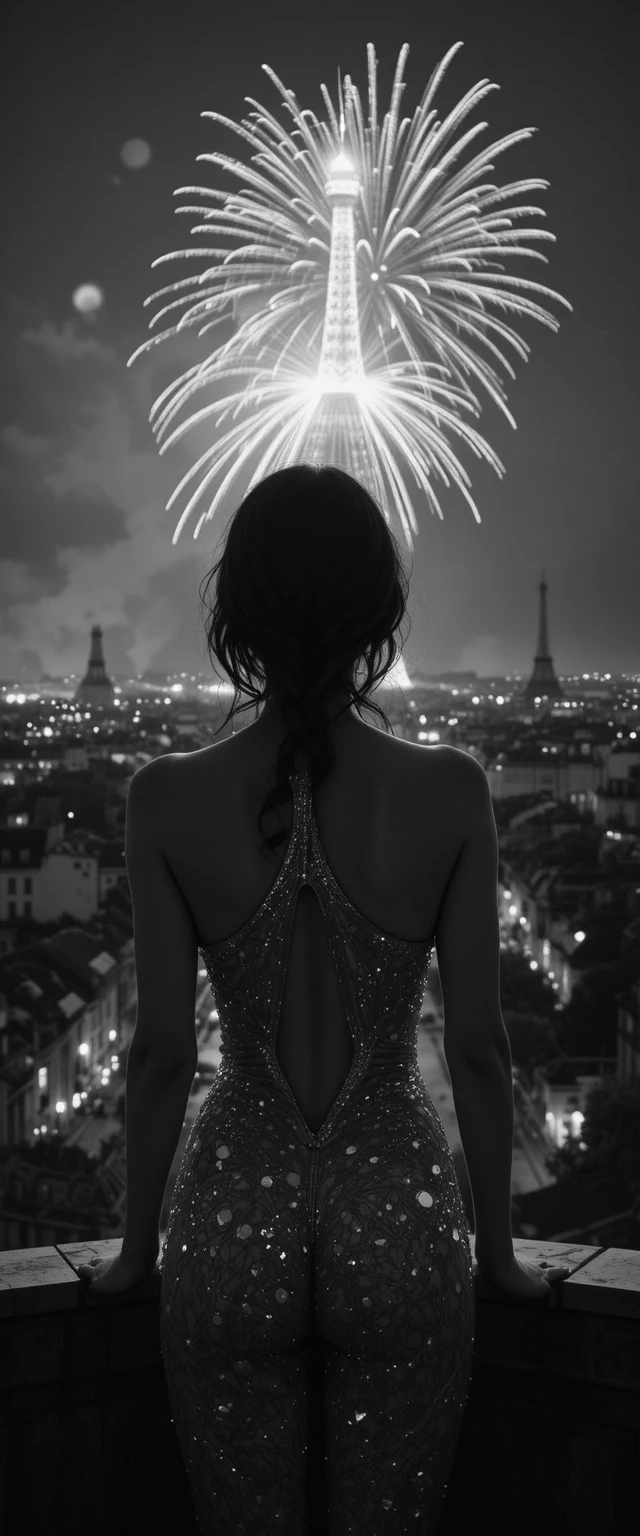 Close up of a woman watching Paris fireworks at night