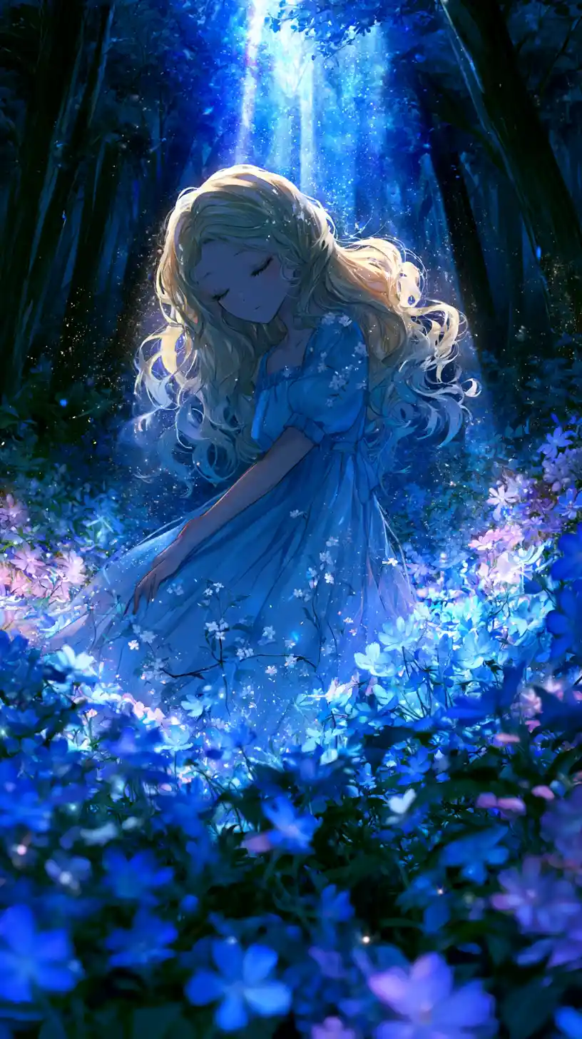 Anime girl walking through a mystical forest clearing