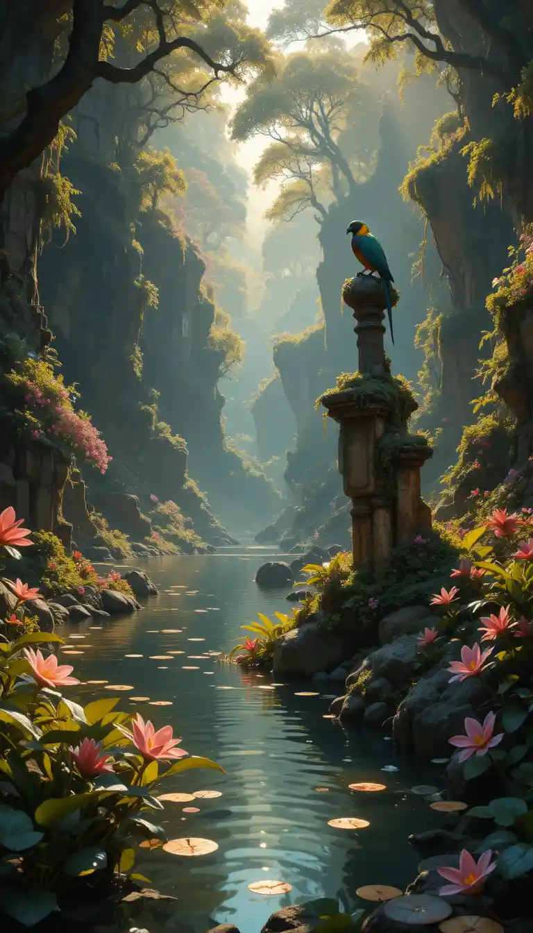 Hidden turquoise jungle lagoon with ancient mossy ruins