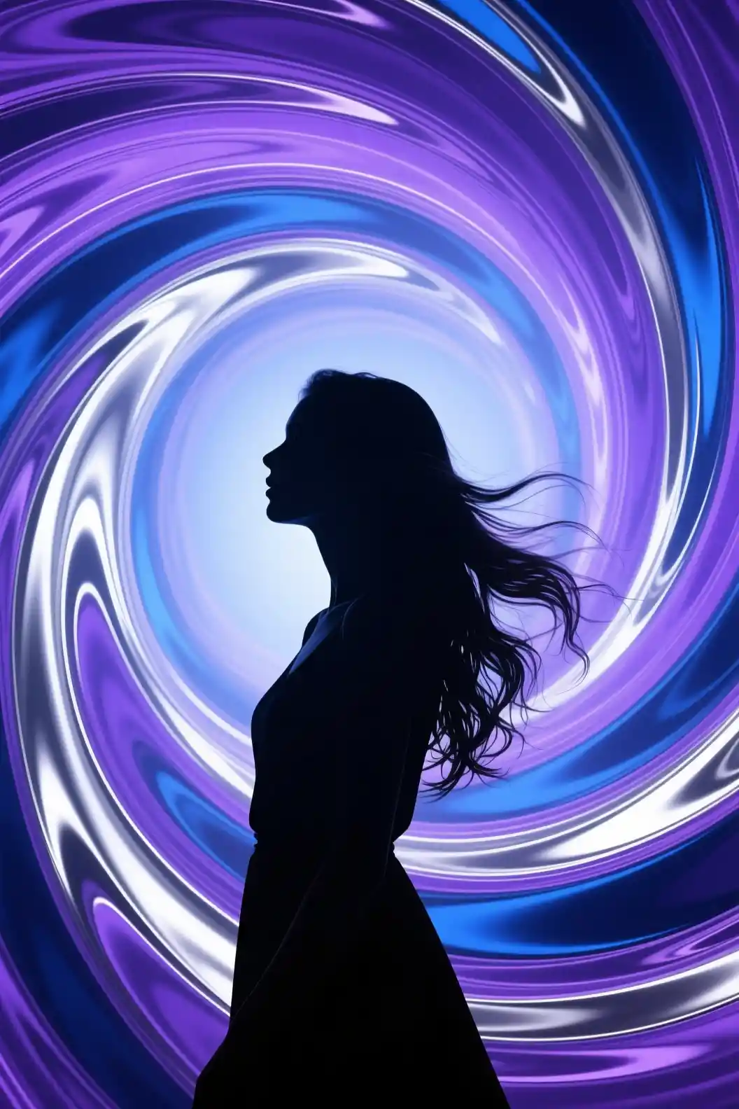 Silhouette of girl inside swirling violet and blue vortex