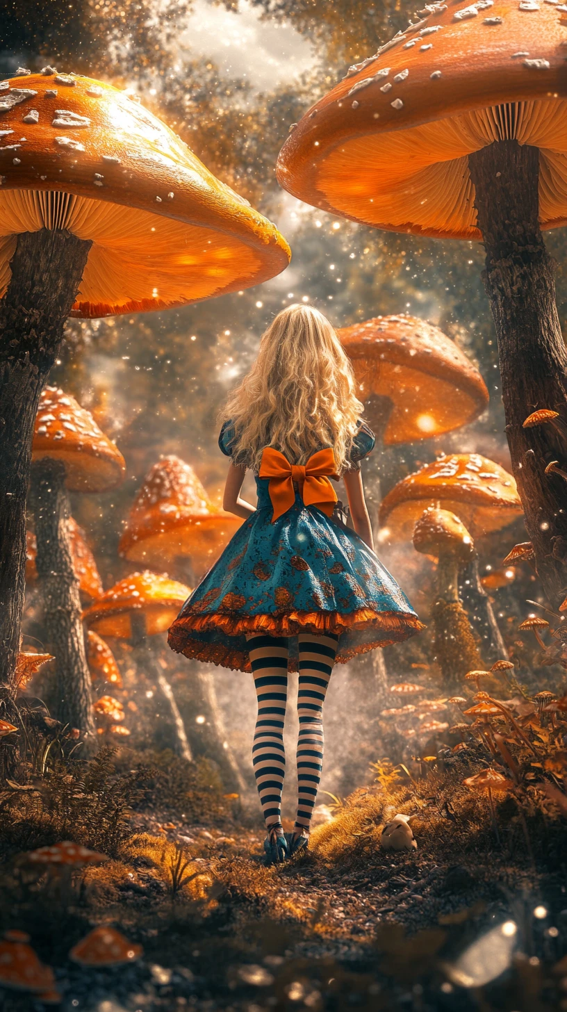 Blonde girl in striped stockings in a glowing fantasy forest