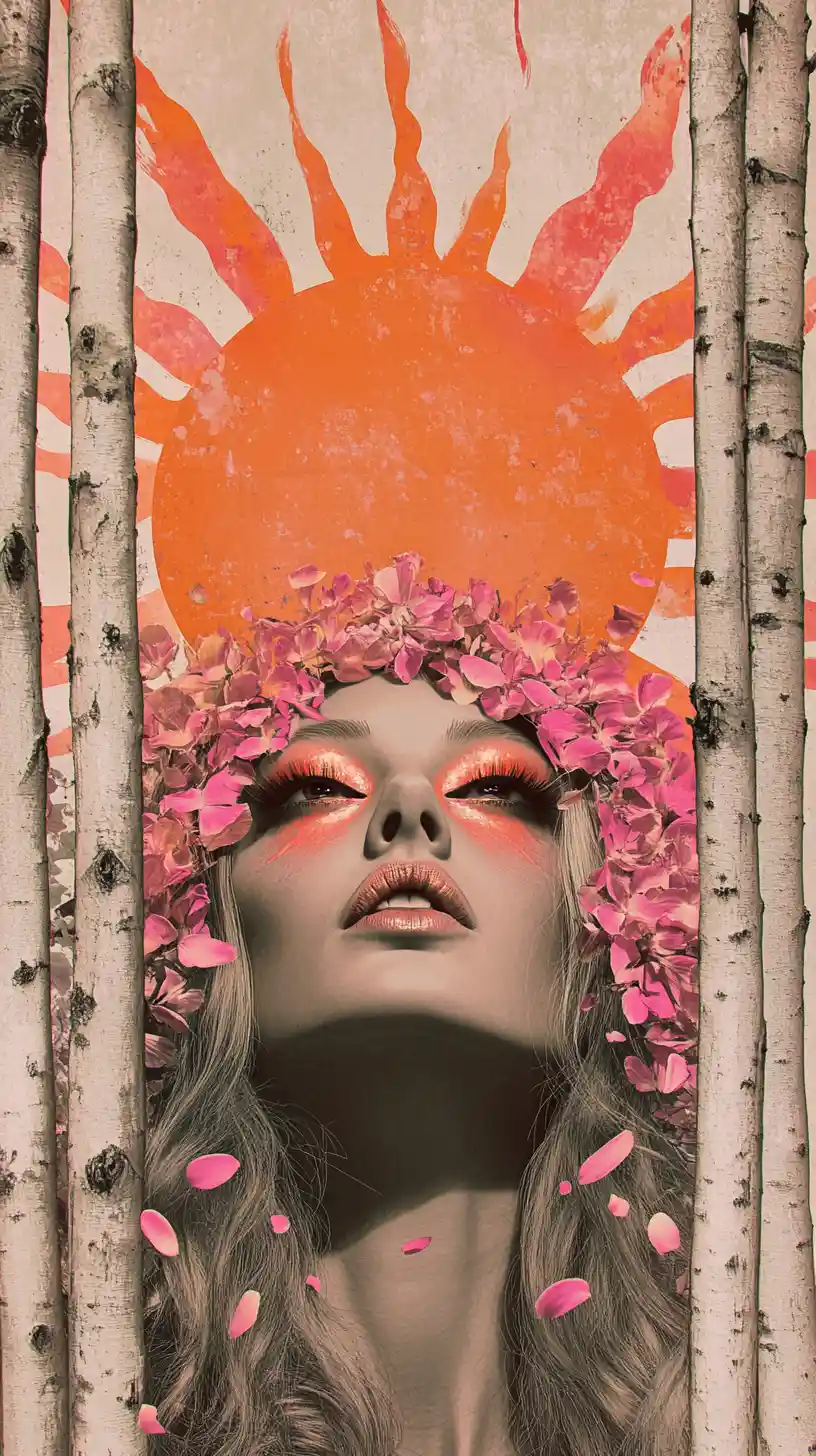 Whimsical surreal woman with petals and glowing pink sun