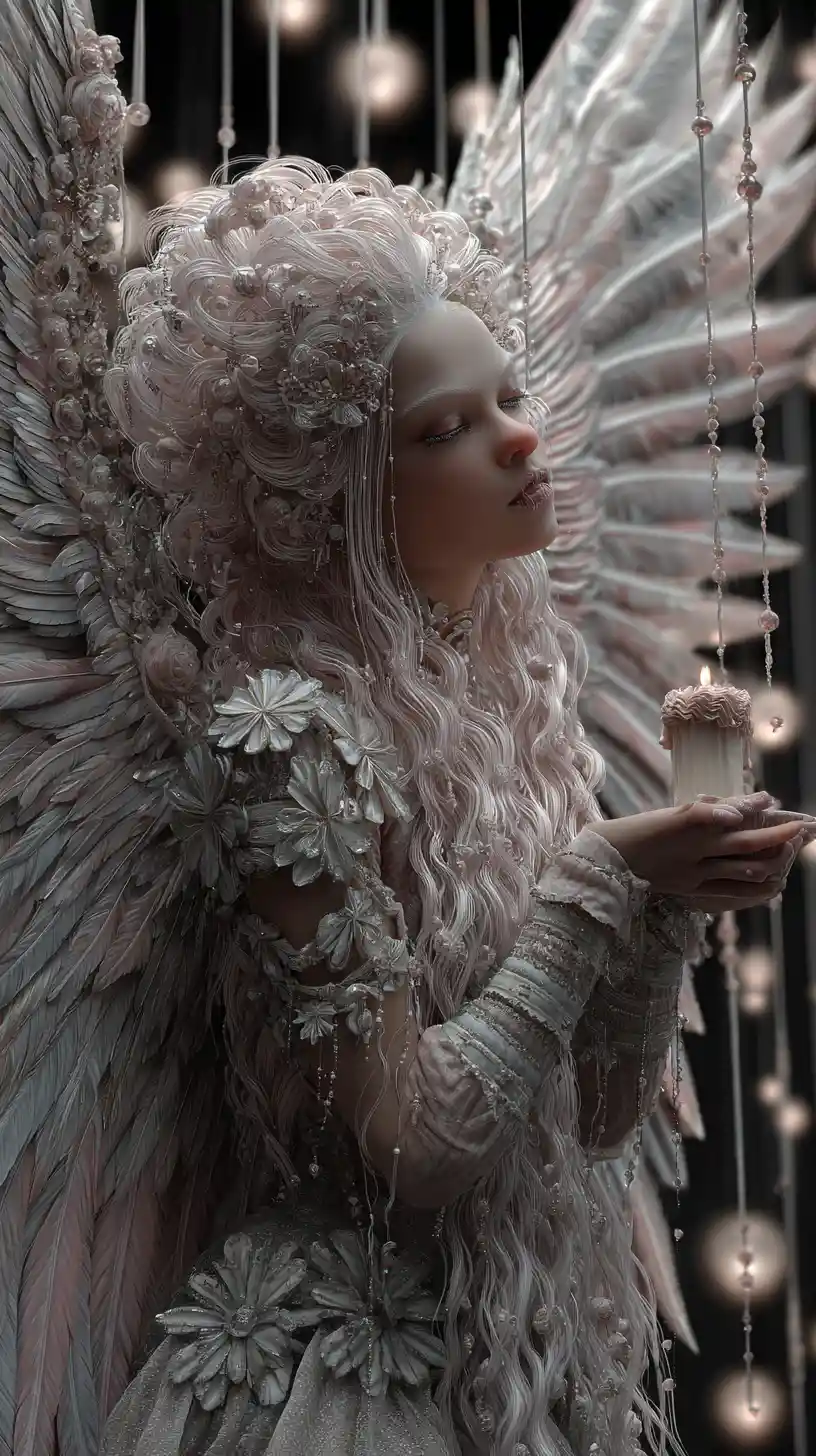 Whimsical fairy with jeweled wings holding a glowing candle