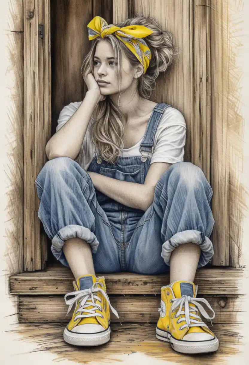 Pensive girl in ink sketch sitting in rustic doorway