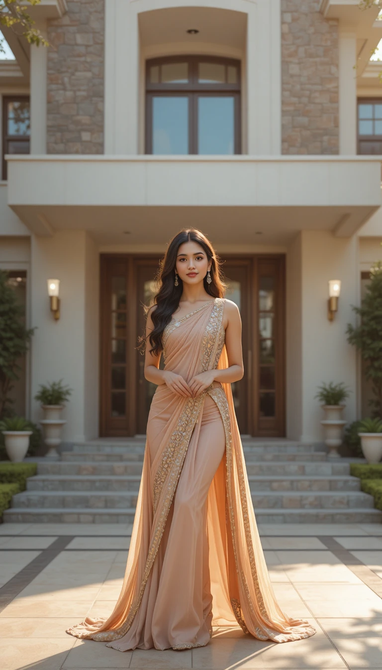 Young Indian woman posing at modern luxury house entrance