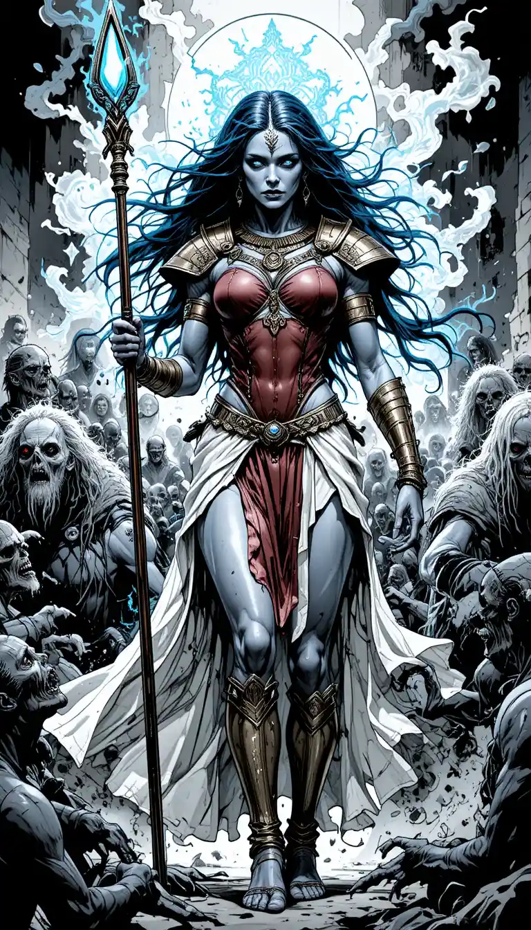 Ghostly warrior priestess with spear and cold blue glow