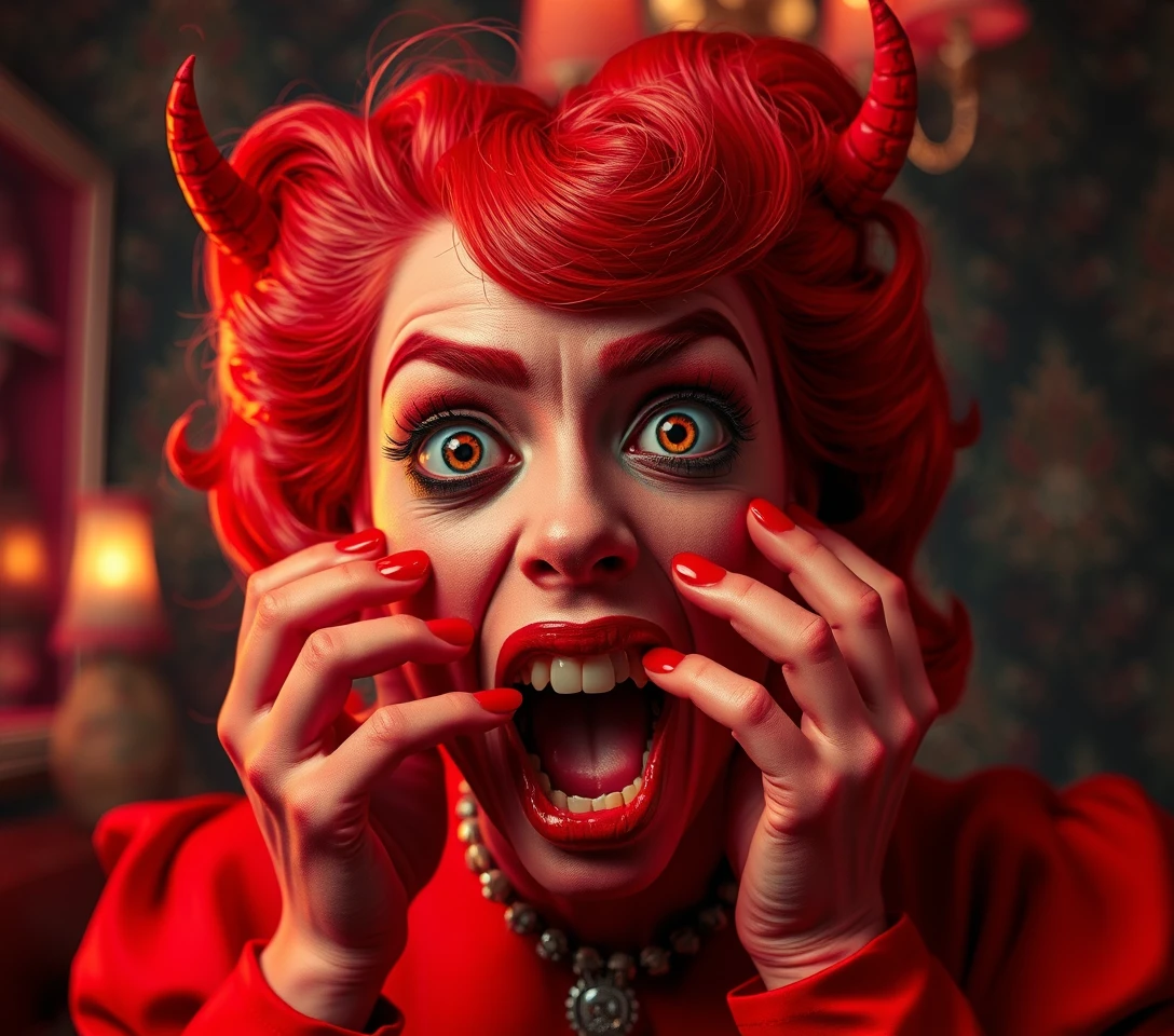 Glamorous pop surreal woman in darkly comic red scene