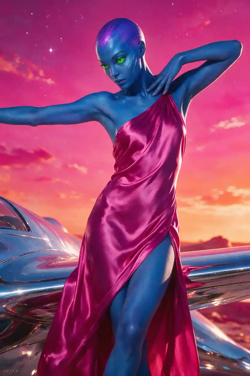 Alien woman posing on chrome spacecraft wing at sunset