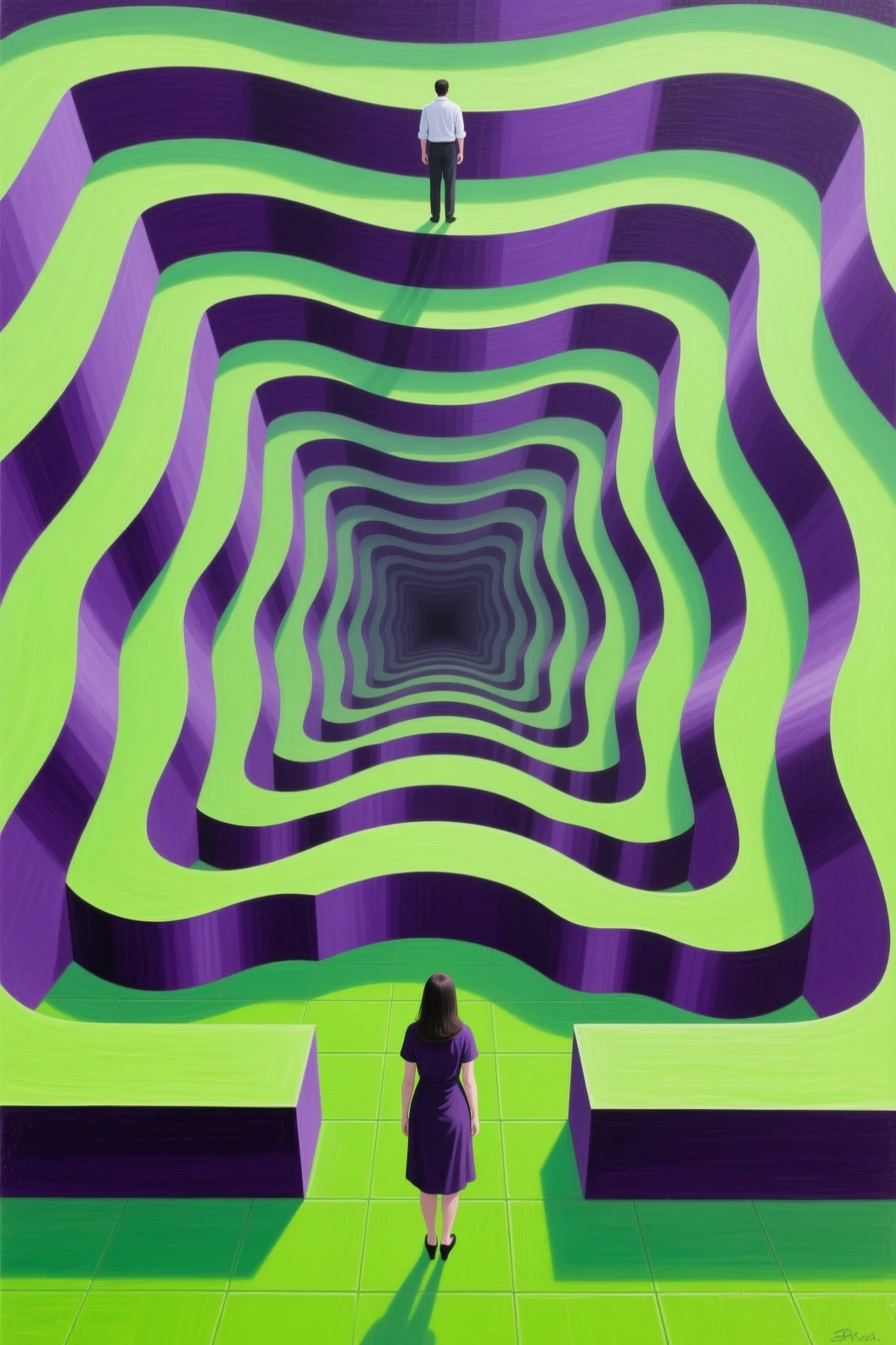 Abstract purple topographic illusion with man and woman figures
