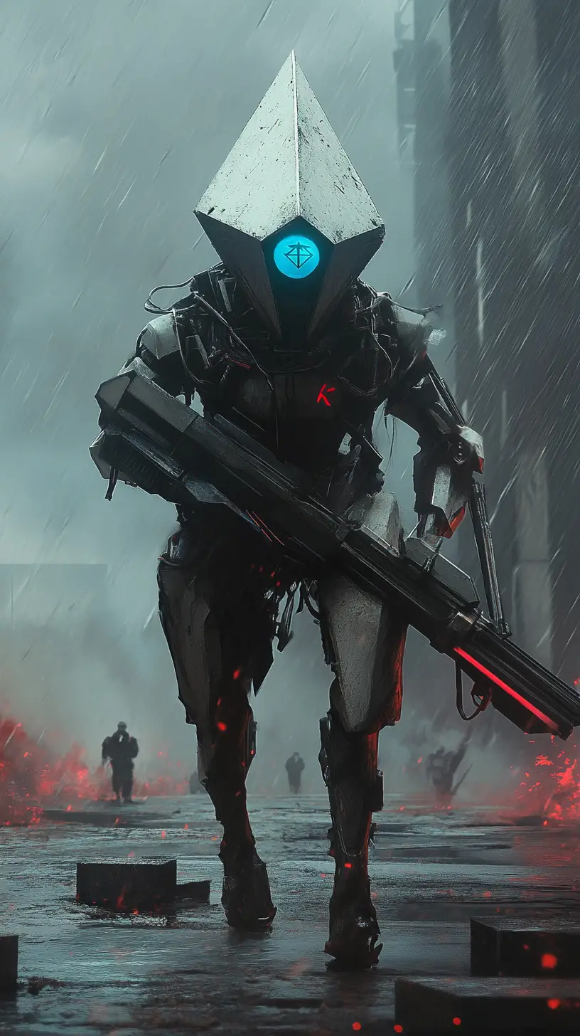 Futuristic battle robot sprinting across a war torn field