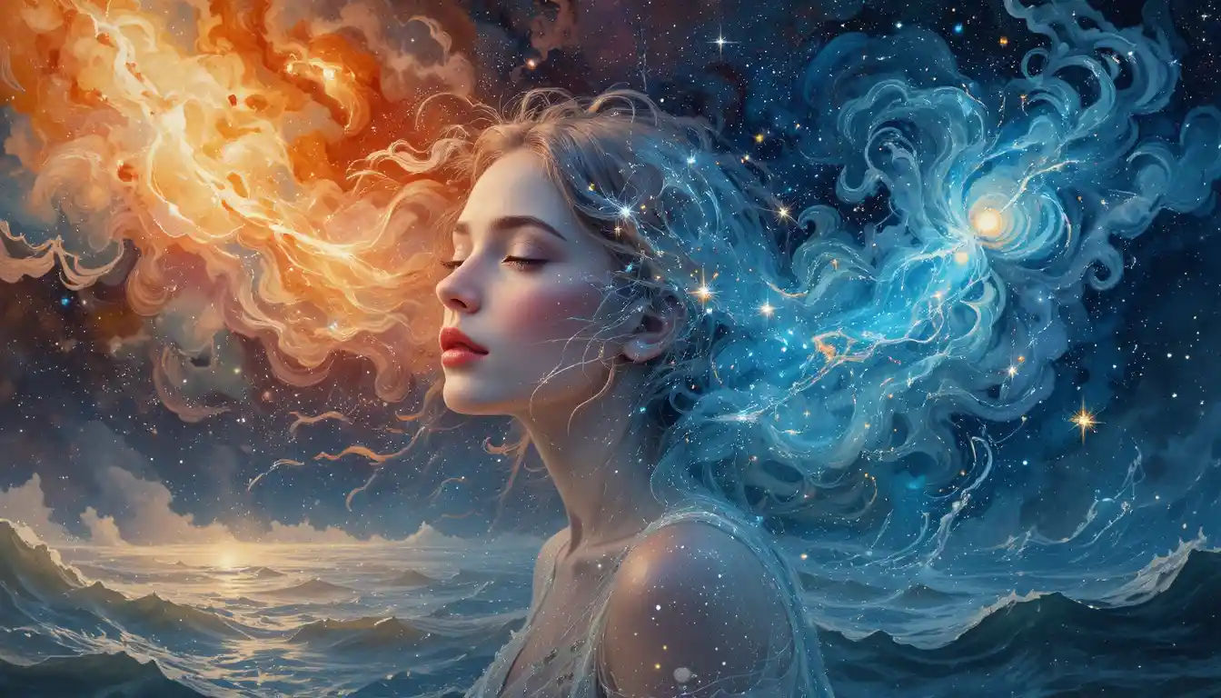 Ethereal woman with starlight hair over a cosmic sea