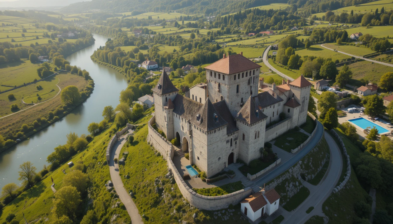 Medieval hilltop castle above river and green countryside