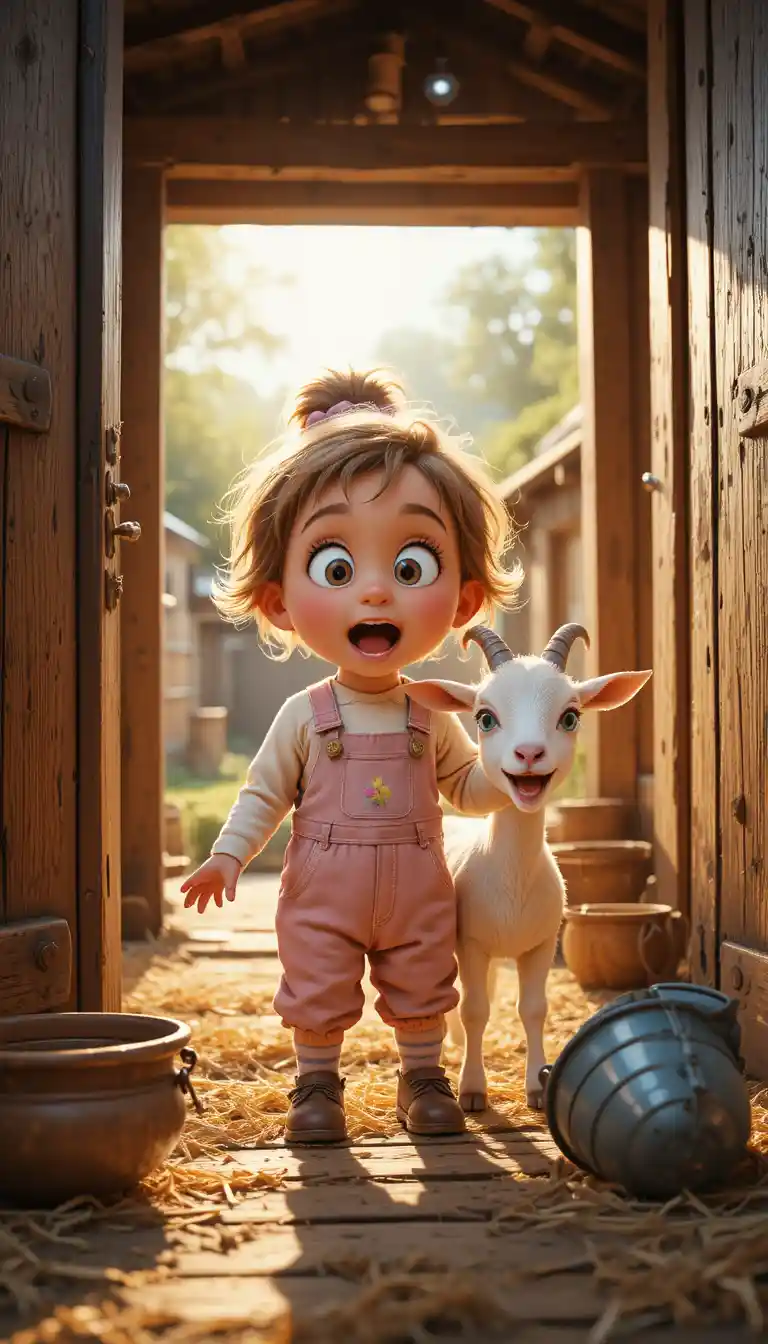 Little girl and goat surprised in a sunny barn doorway