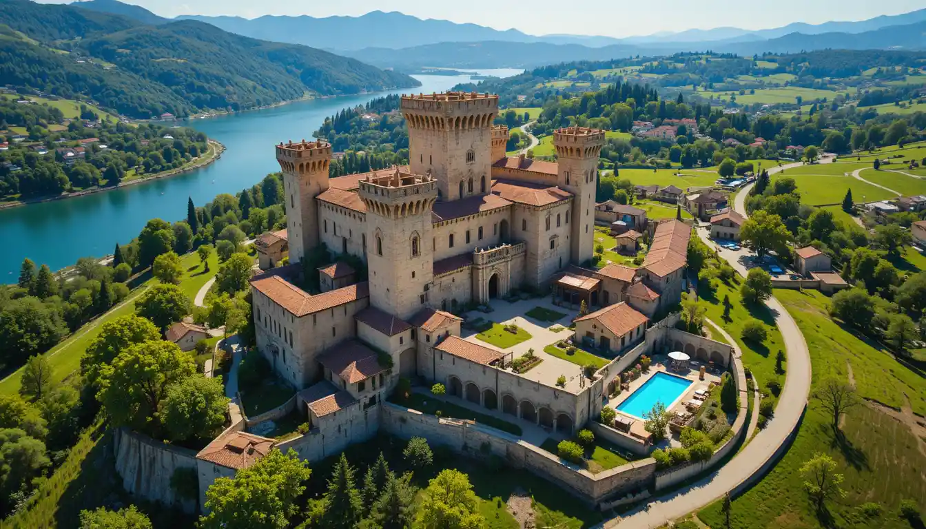 Aerial view of a medieval castle above river and fields