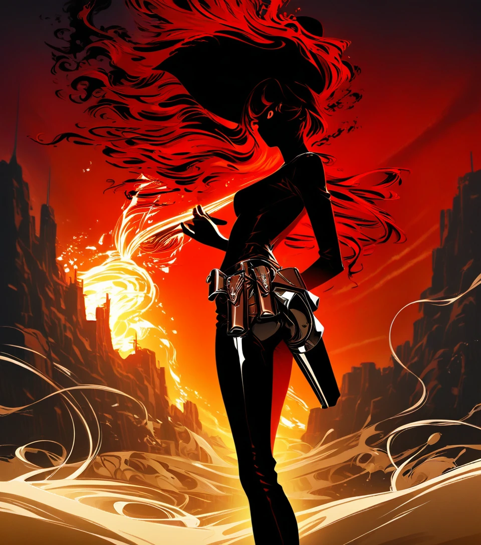 Female gunslinger in a dramatic wild west sunset standoff