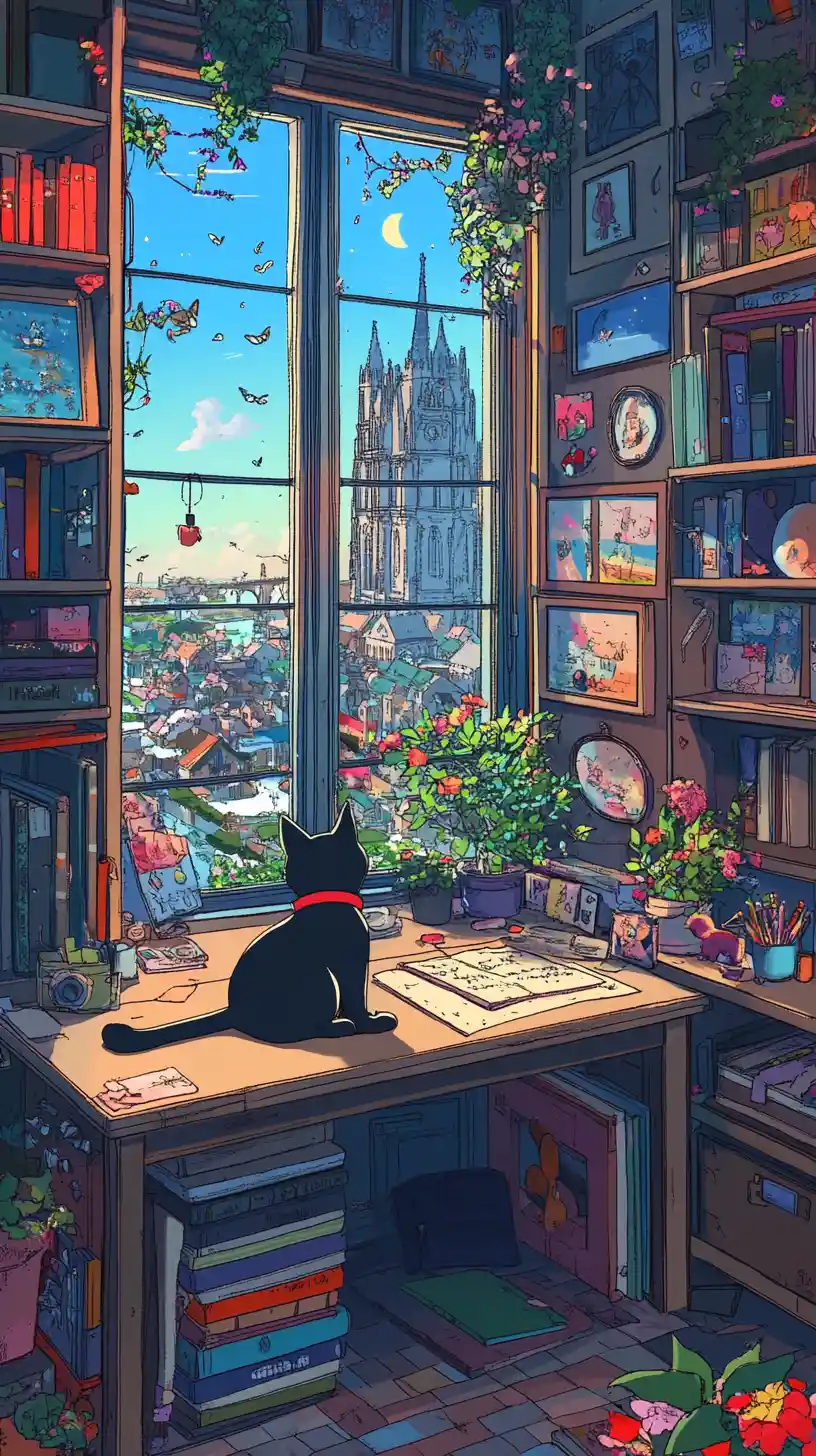 Cozy home office with ginger cat on bookshelf by window