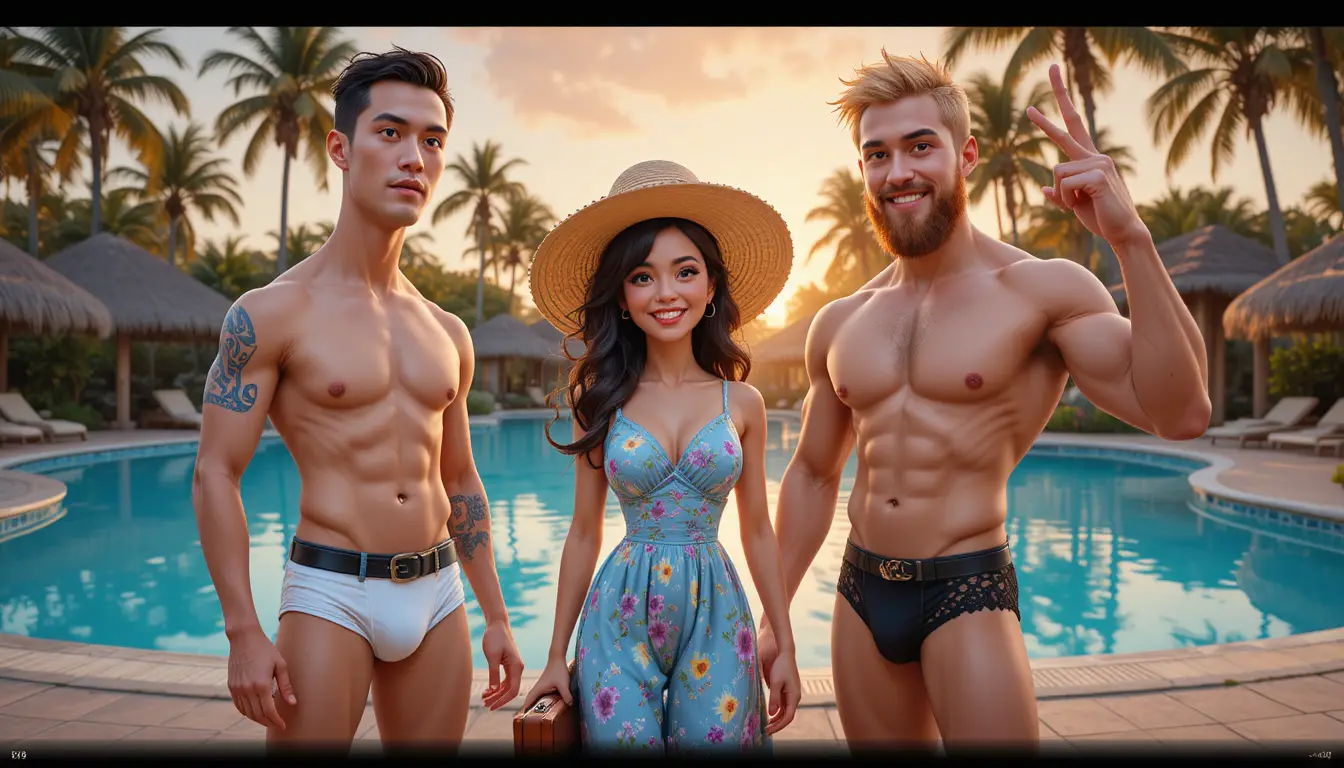 Three stylized travelers by a tropical resort pool at sunset