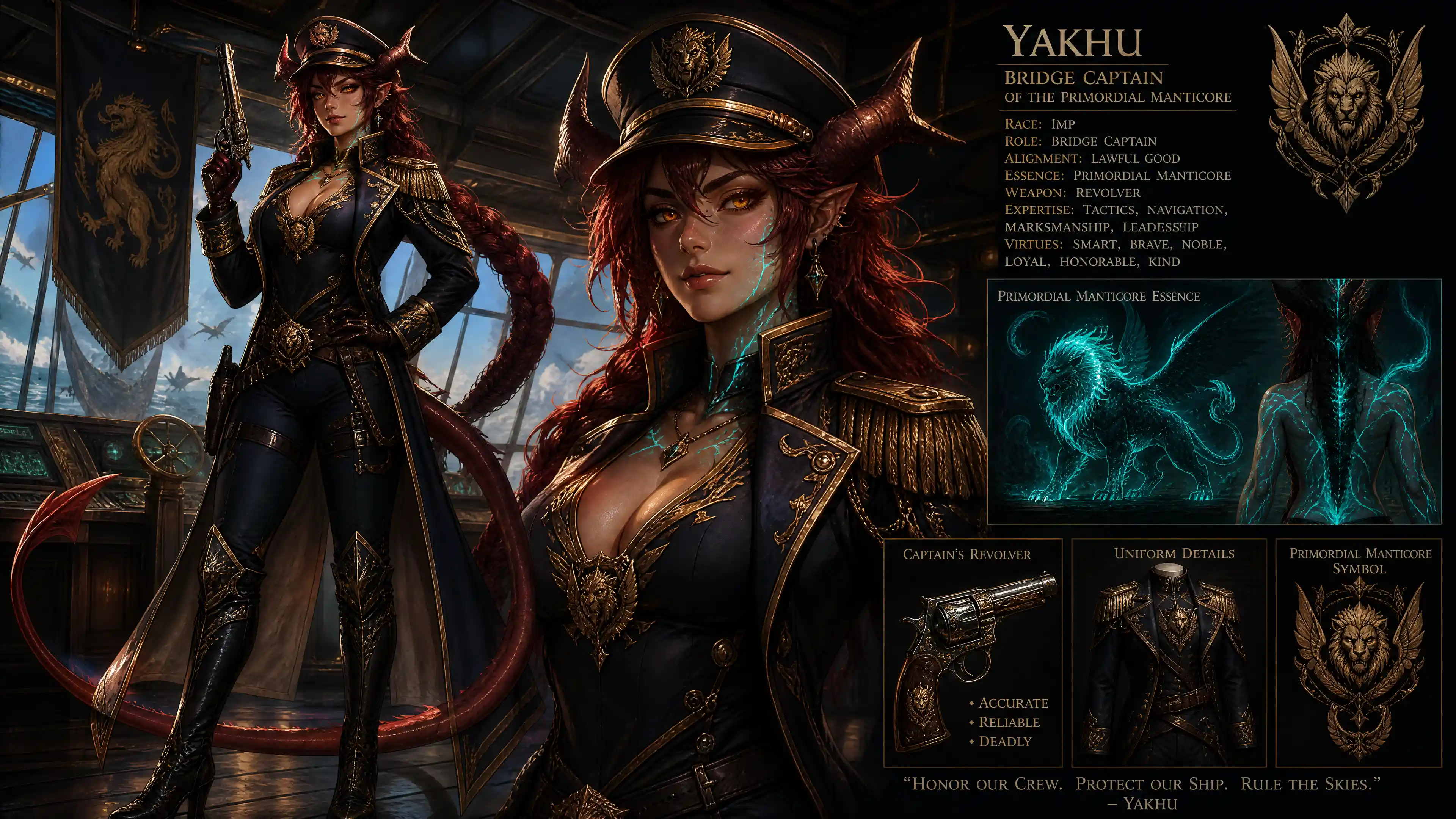 Fantasy imp woman starship captain with braided dark hair