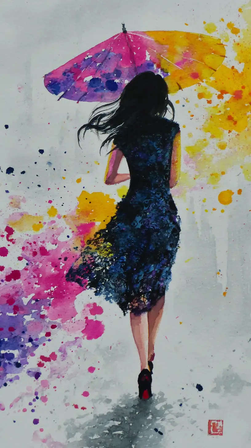 Elegant woman walking with colorful ink umbrella