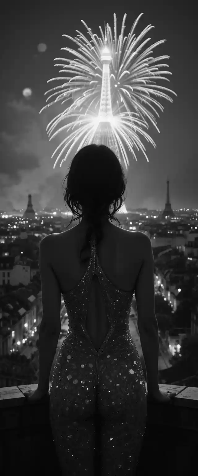 Close up of a woman watching Paris fireworks at night