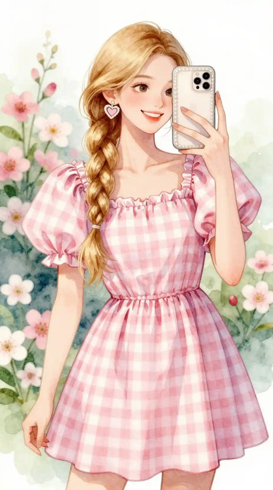Watercolor girl mirror selfie in pink gingham dress