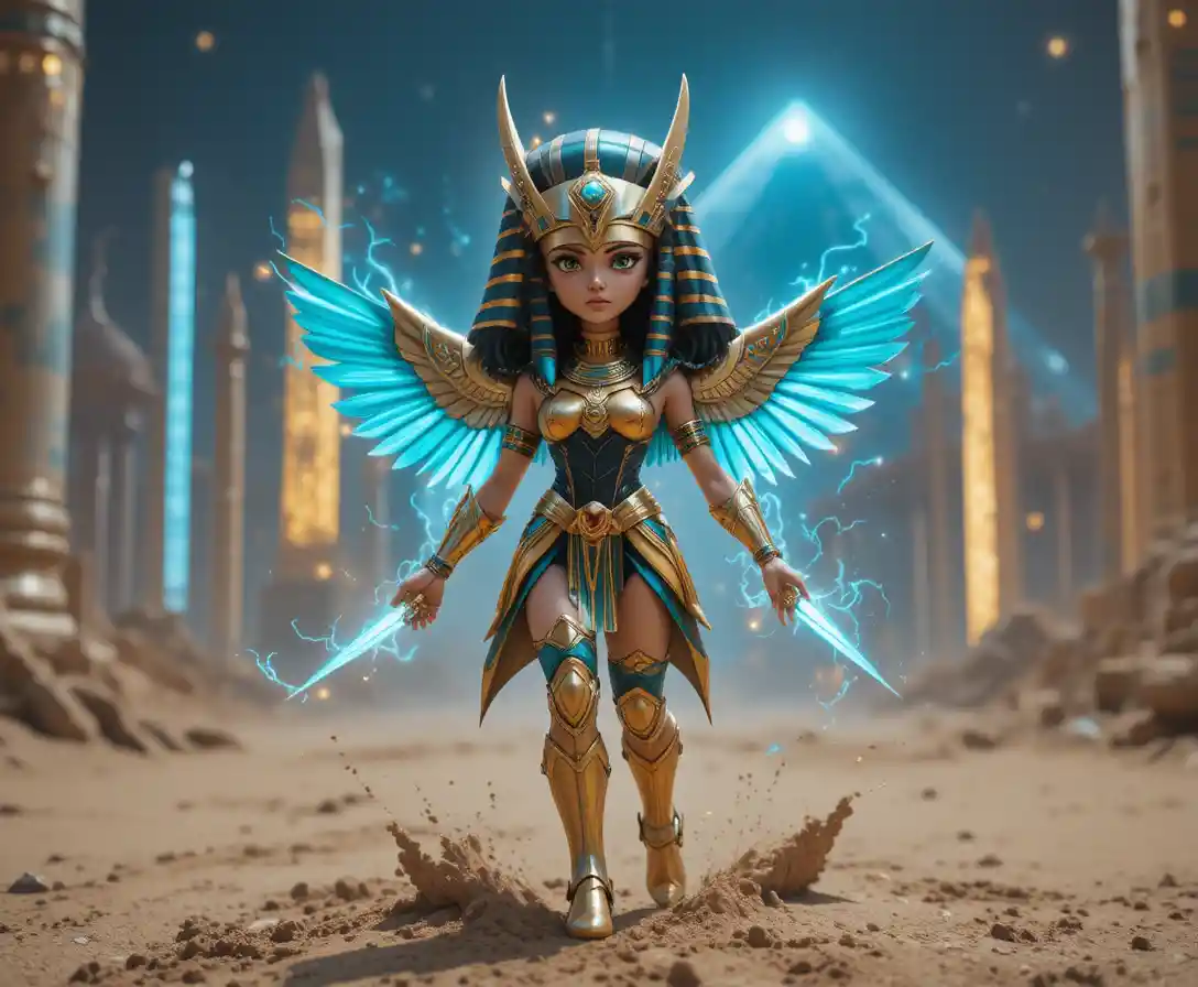 Egyptian sci fi heroine in scarab armor over futuristic Cairo