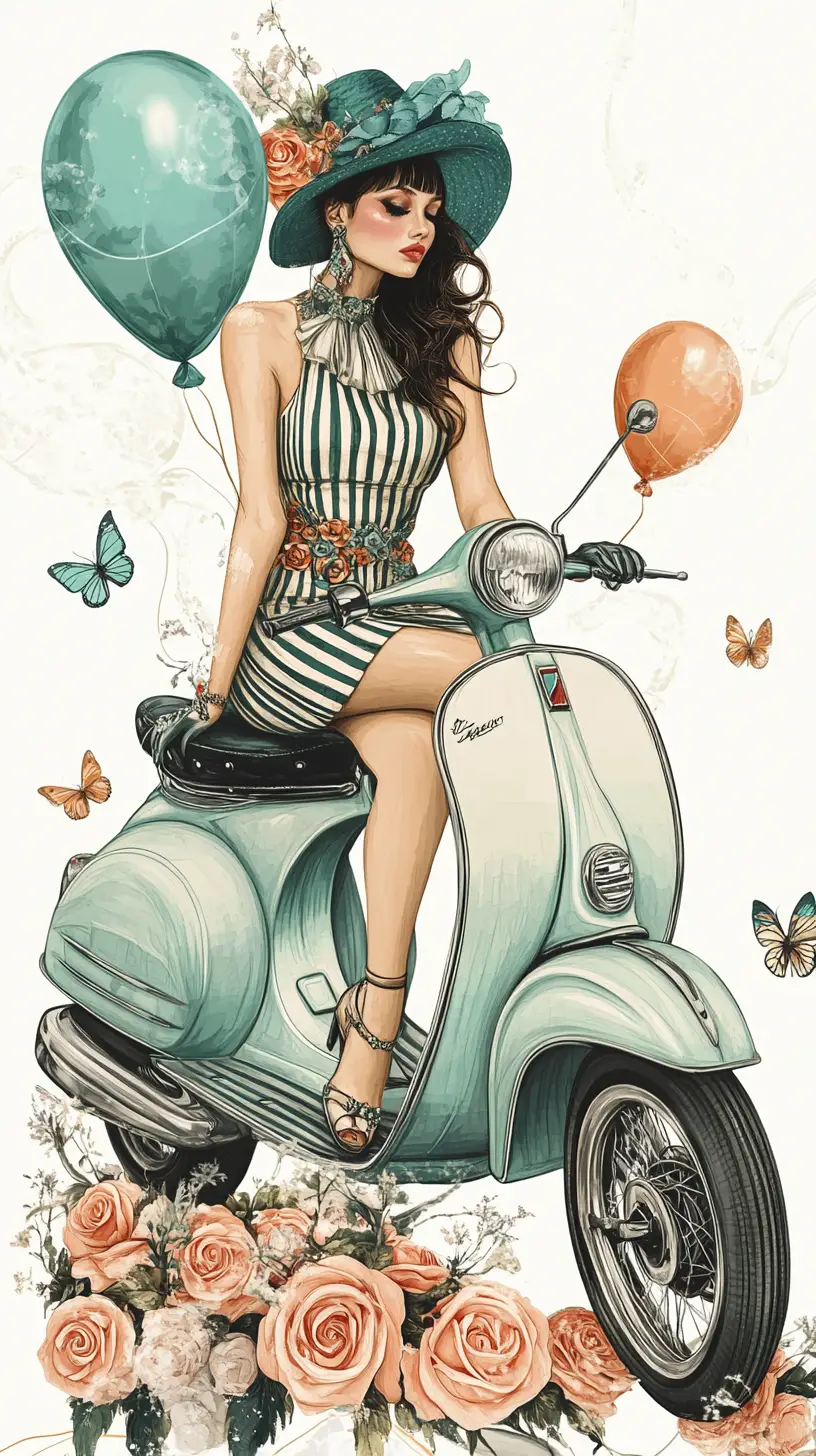 Vintage fashion woman on Vespa with roses and balloons