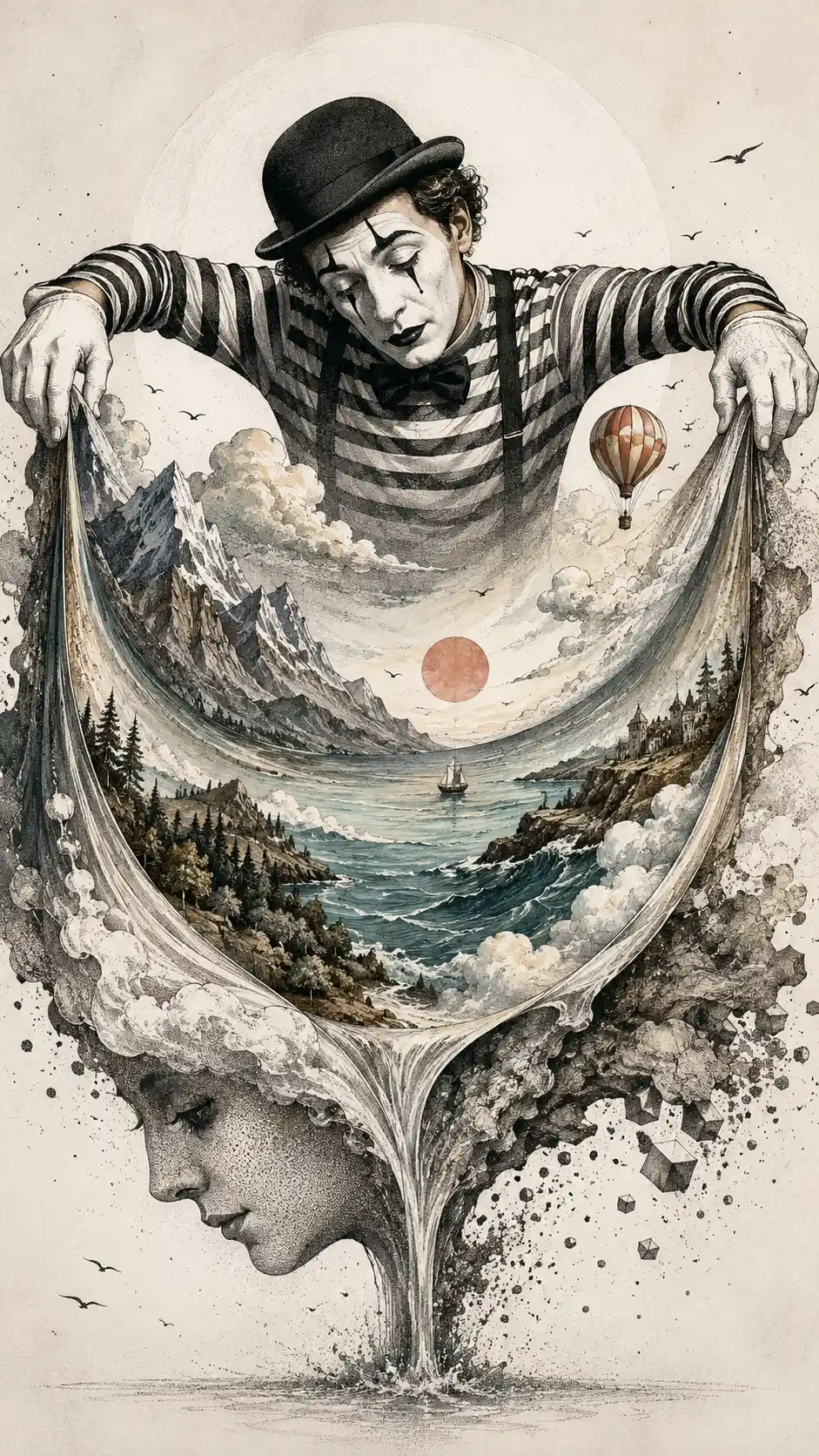 Mime bending a surreal horizon of mountains and sea