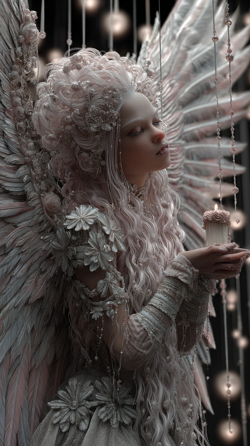 Whimsical fairy with jeweled wings holding a glowing candle