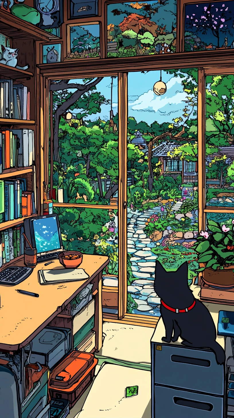 Habitación acogedora con gato naranja y ventana con vistas al jardín