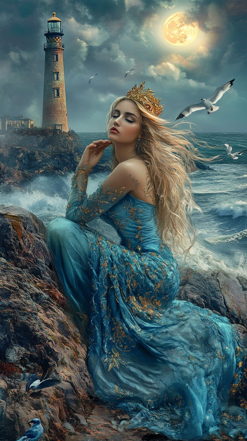 Young woman on rocky shore under the glowing full moon