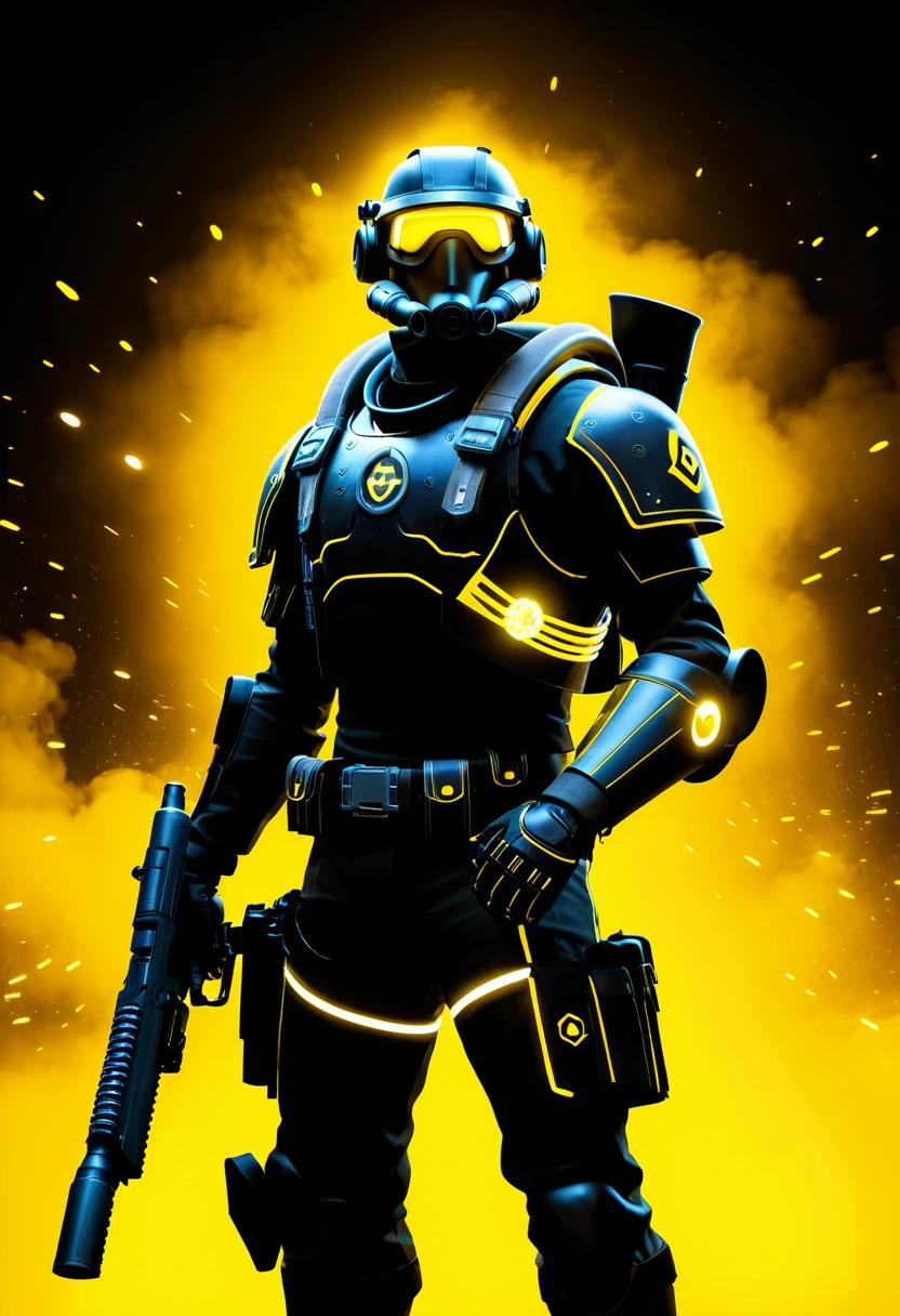 Sci fi warrior in black armor with yellow neon scattergun