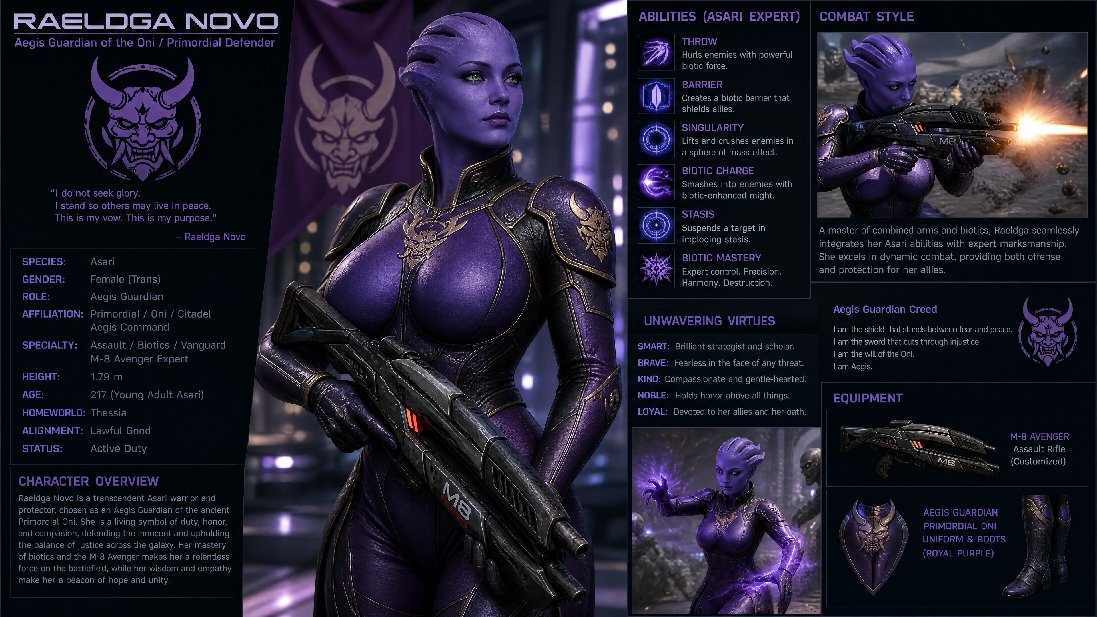 Purple sci fi woman warrior with rifle and armor