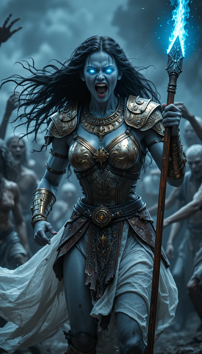 Ghost warrior priestess with glowing spear in battle