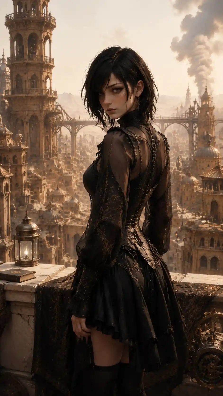 Young witch in black outfit in a steampunk desert city