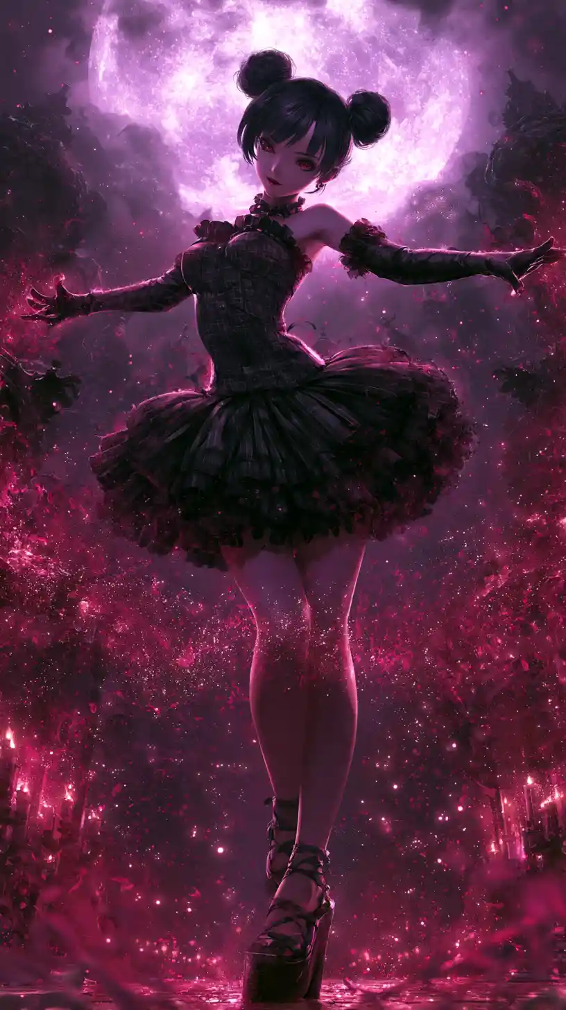 Gothic sorceress casting magic under a purple moon