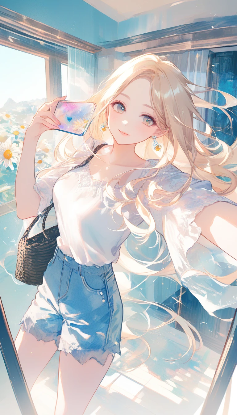 Dreamy watercolor mirror selfie of a stylish blonde woman