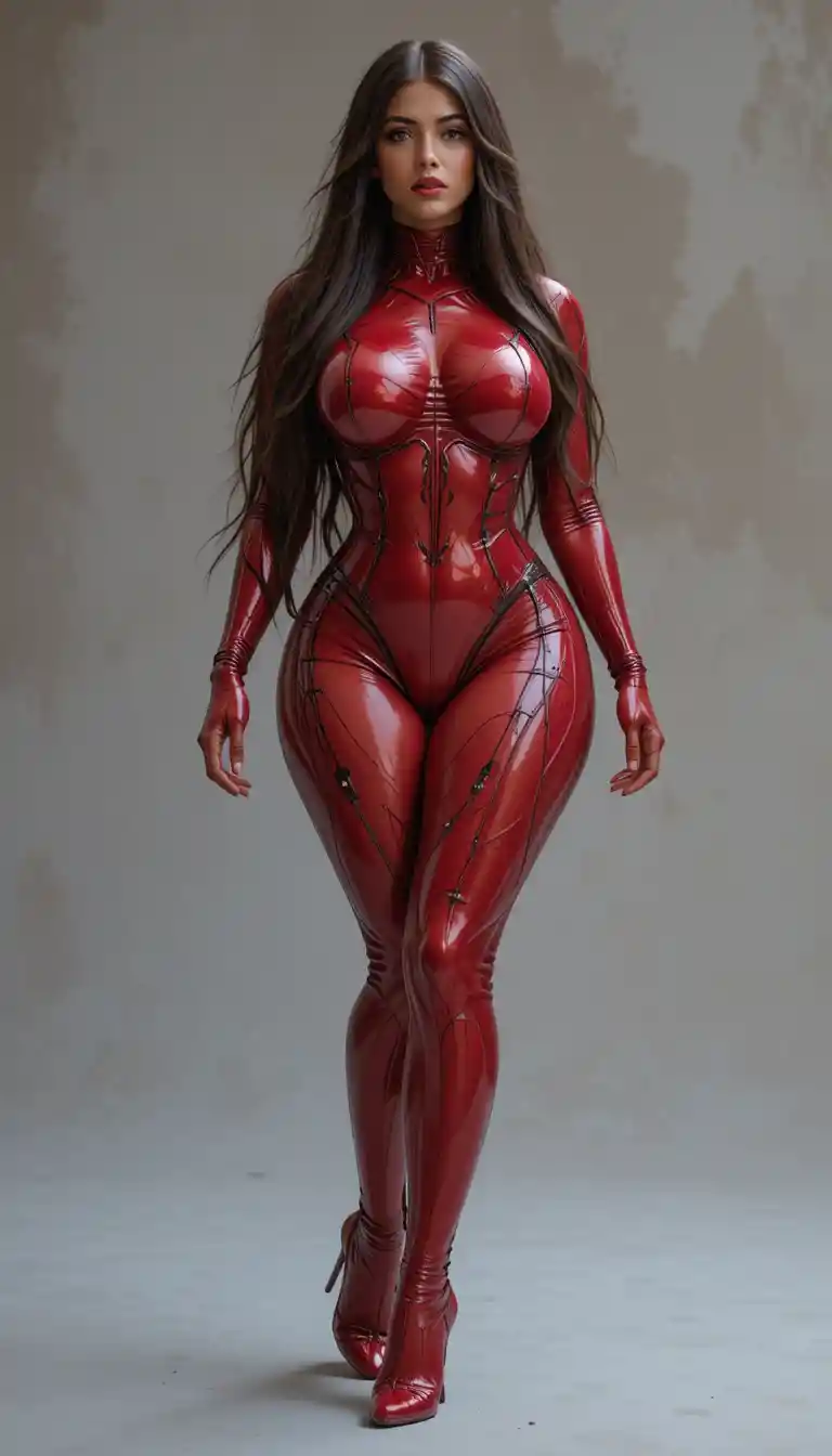 Curvy woman in red sheer imperial style bodysuit