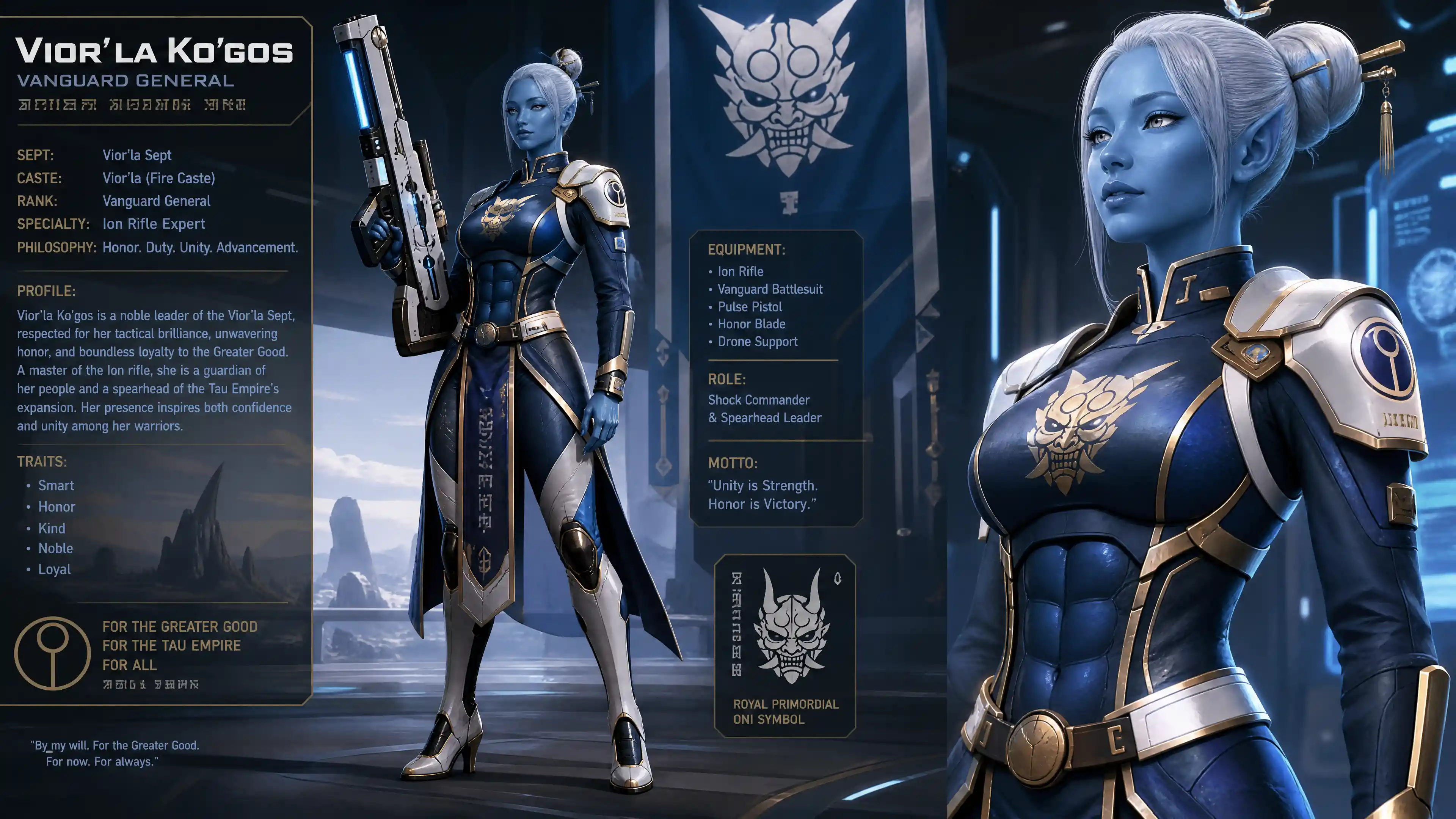 Blue skinned sci fi woman in ornate military uniform