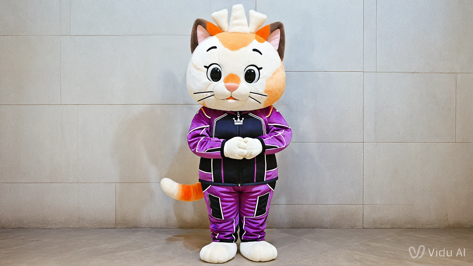 Girl in giant cat mascot suit inside her cozy apartment