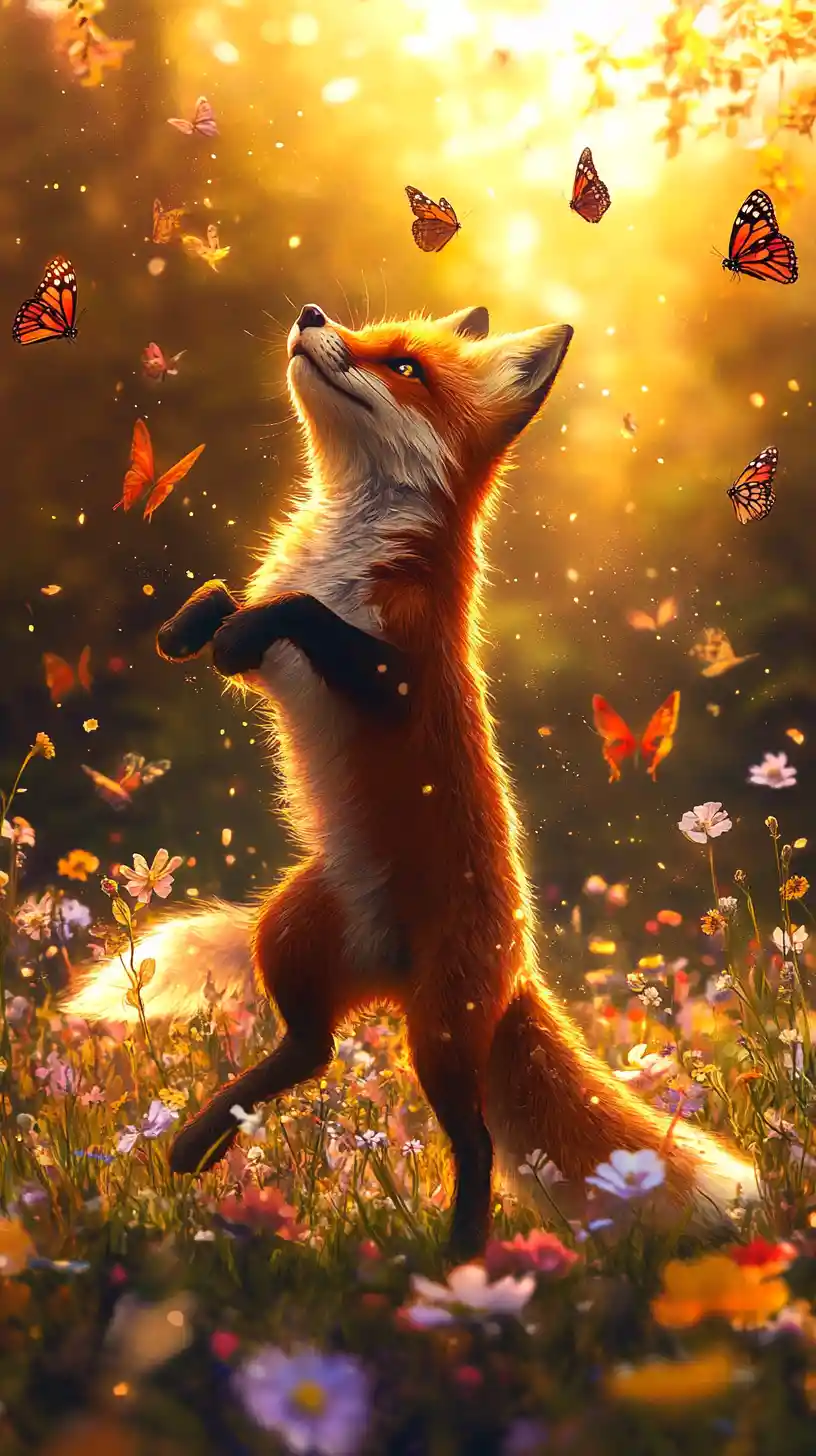 Joyful red fox dancing in a sunset wildflower meadow