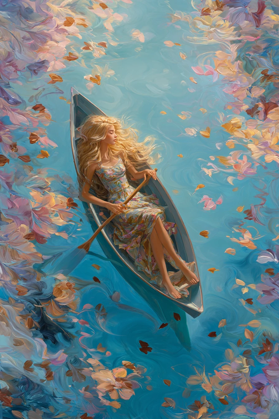 Mystical blonde woman resting in a boat on a lake