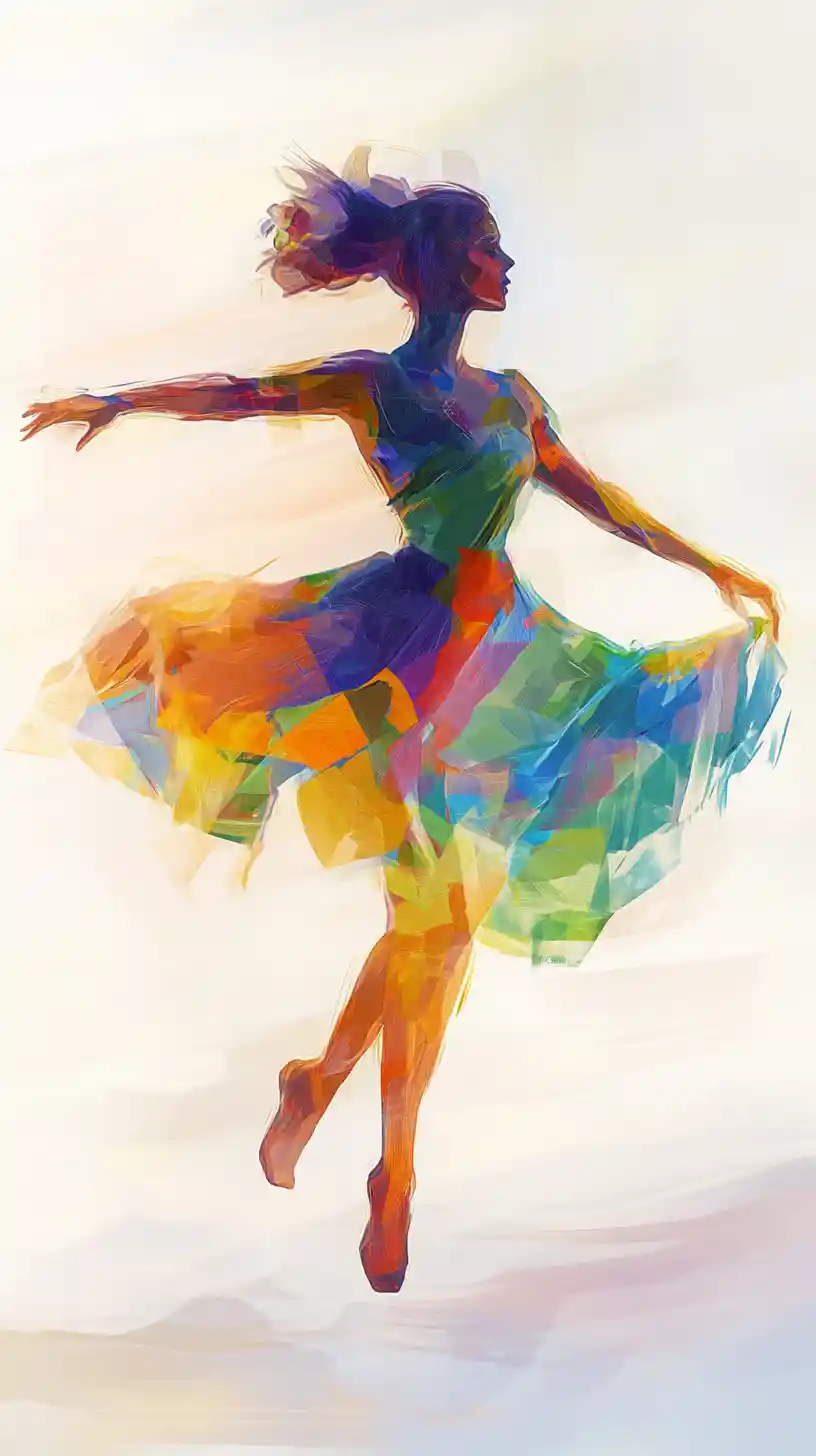 Dancing woman in swirling rainbow dress digital painting