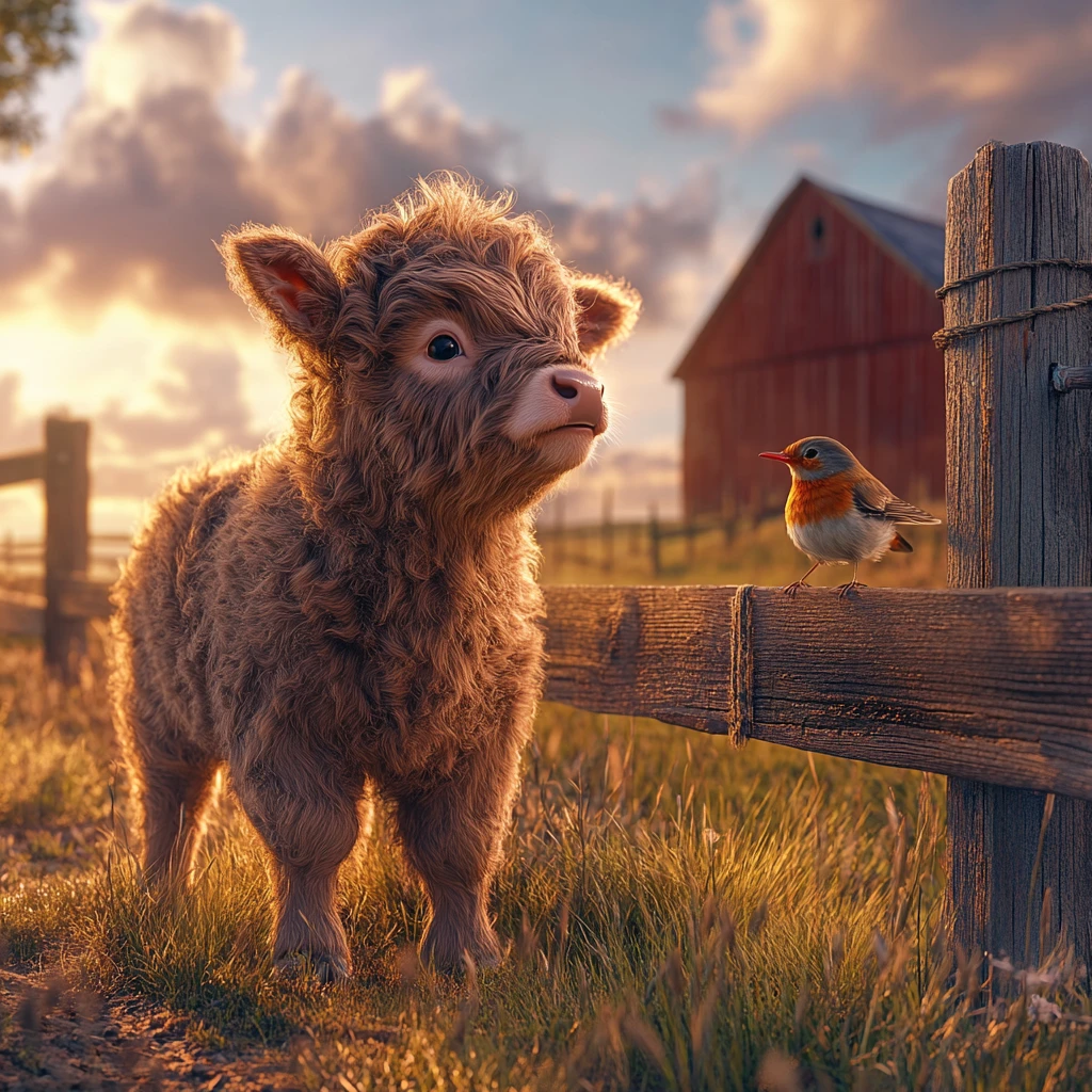 Fluffy baby highland calf sniffing robin by farm fence