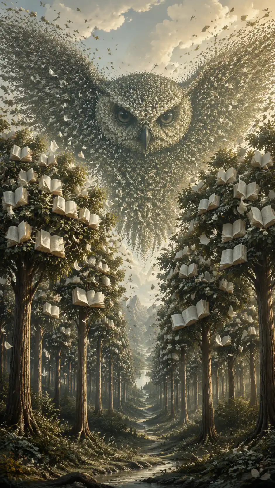 Towering forest of trees holding open books in wind