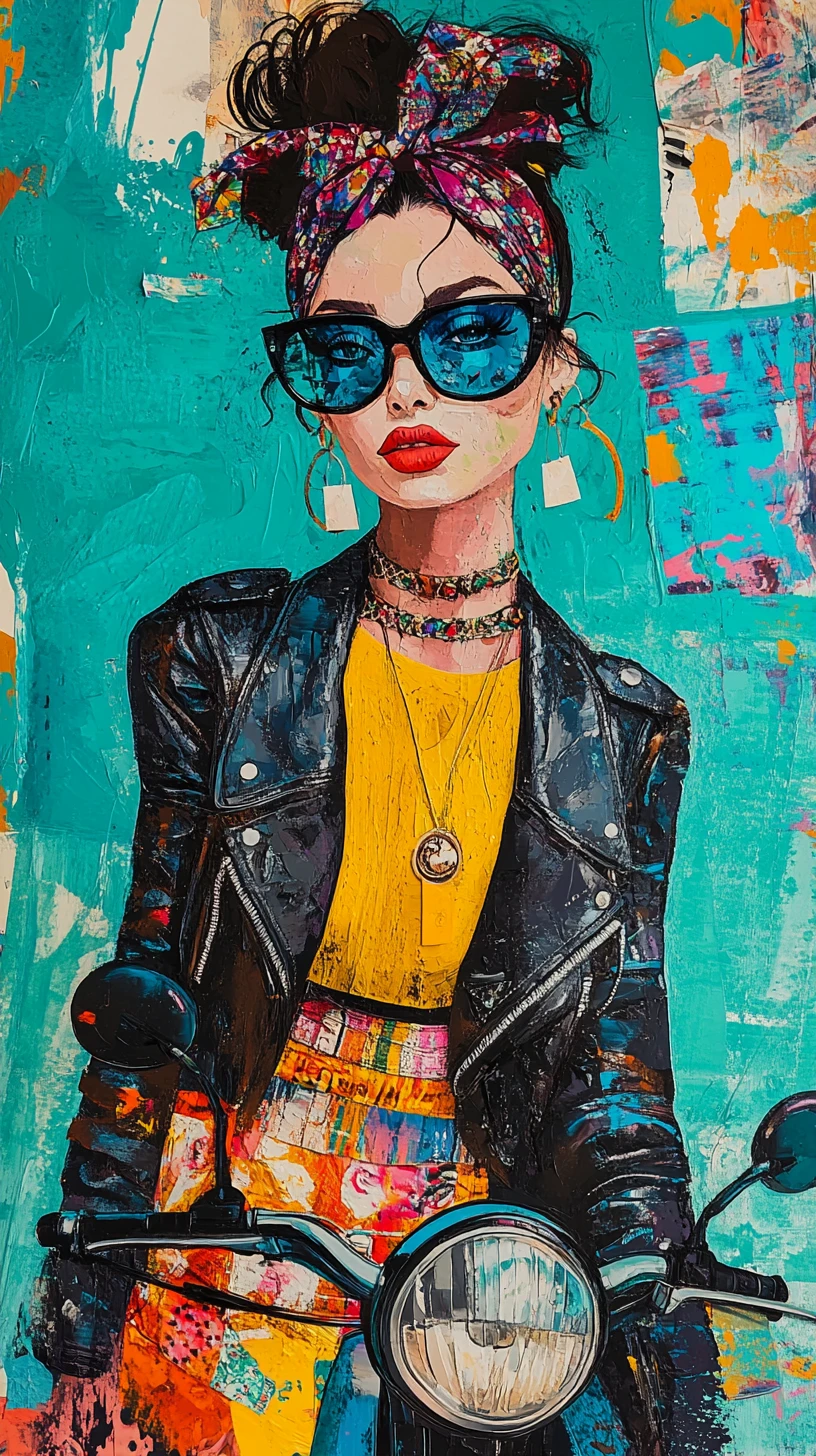 Femme pop art sur scooter vintage aux couleurs abstraites