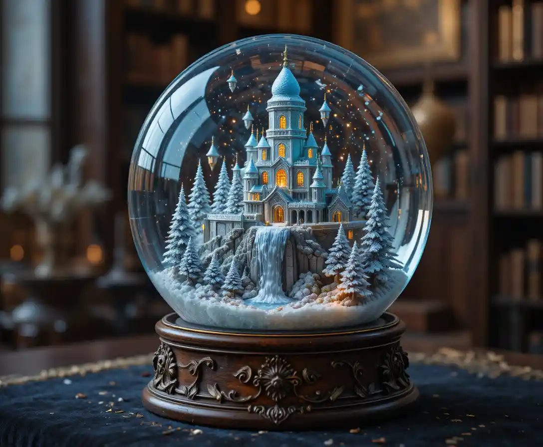 Macro view of an antique snow globe with magic city